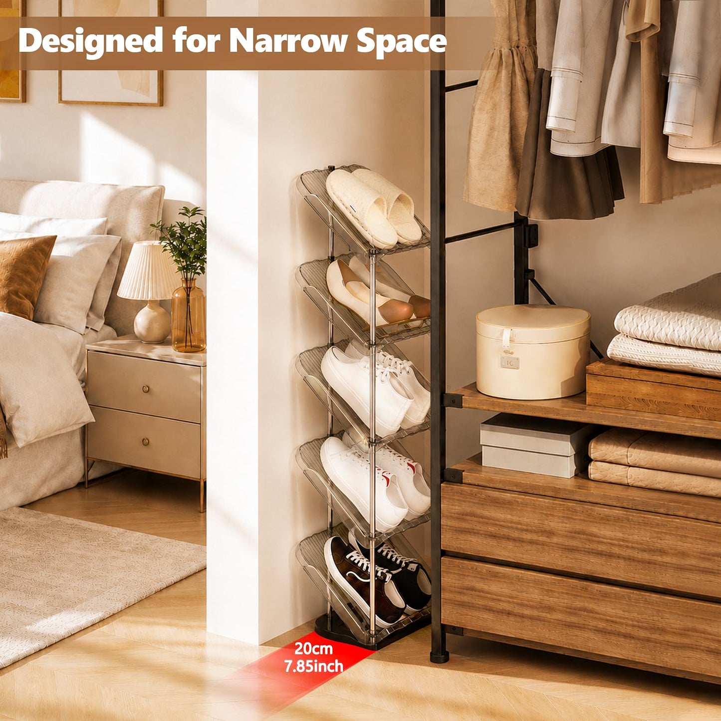 Slanted Narrow Shoe Rack 5 Tiers, Slim Depth Vertical Shoe Shelf - 1 Pack