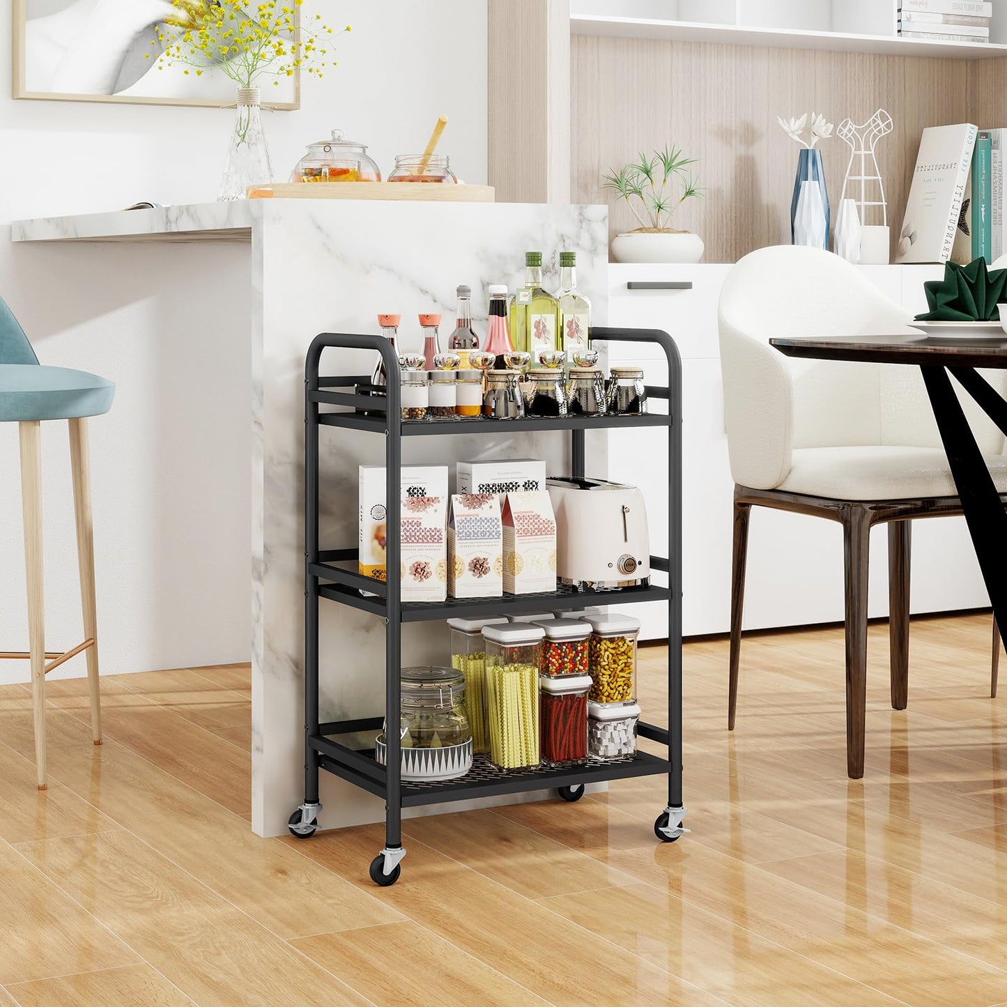 HDANI Serving Trolley,3-Tier Metal Trolley,Black,48x30x75cm Mesh