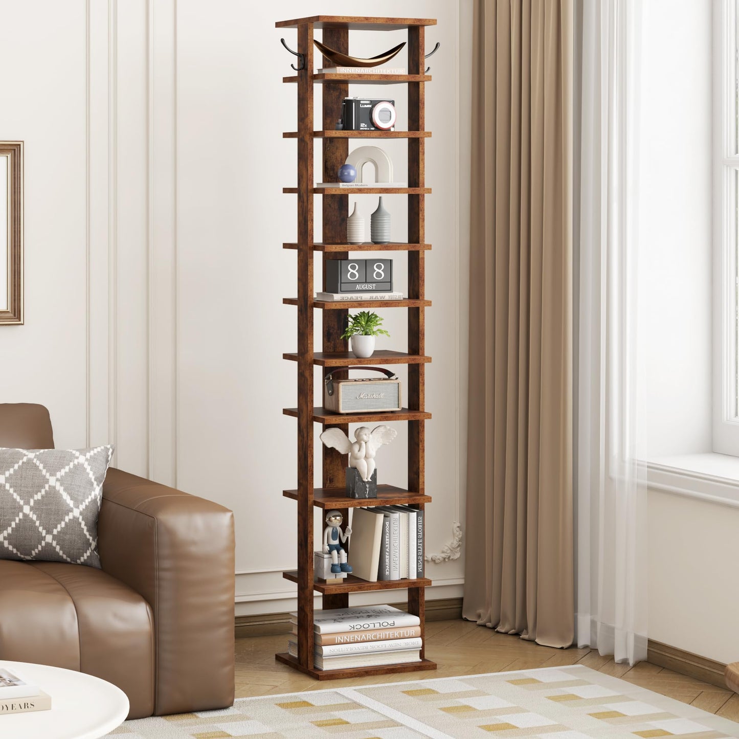 HOME BI 11-Tier Vertical Shoe Rack, Corner Shoe Tower, Slim Shoe Organizer with Two Hanging Hooks, Wooden Shoe Storage Stand for Entryway, Hallway