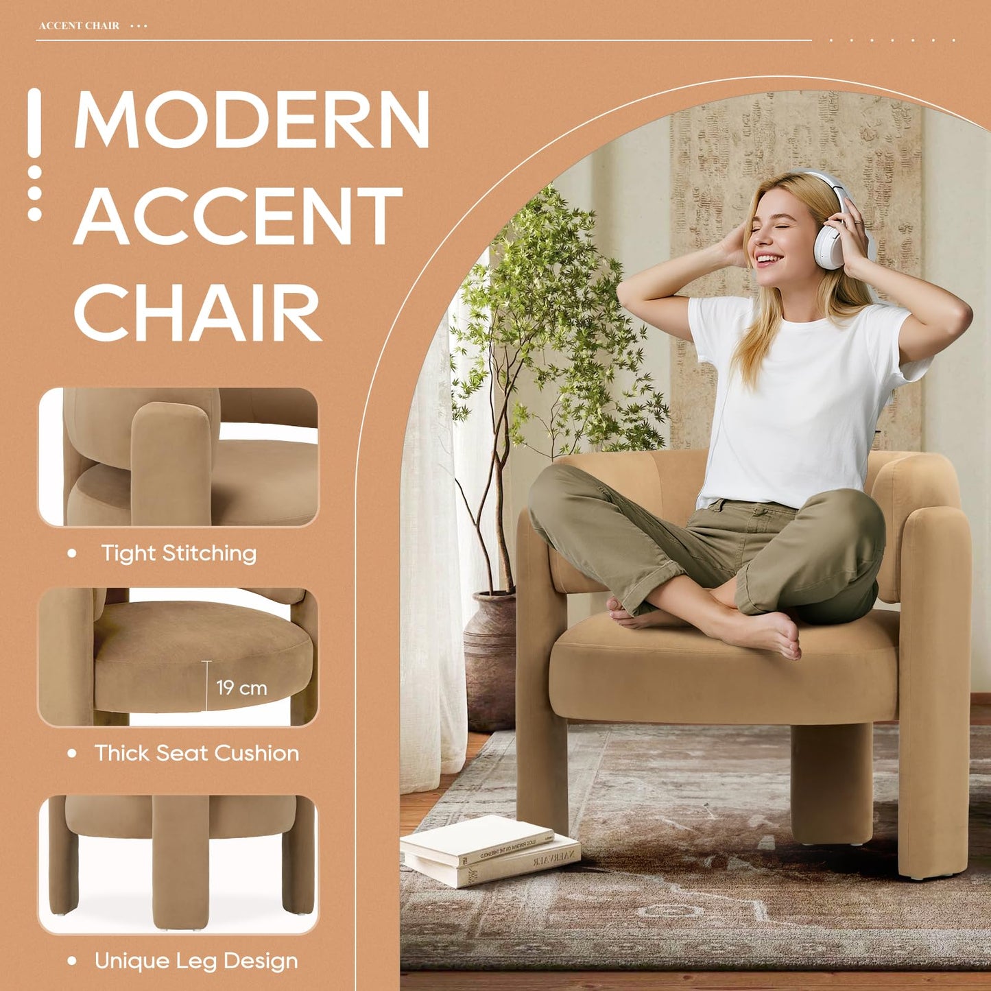 COLAMY Living Room Armchairs, Modern Velvet Accent Chair, Comfy Round Upholstered Arm Chair with 3 Legs