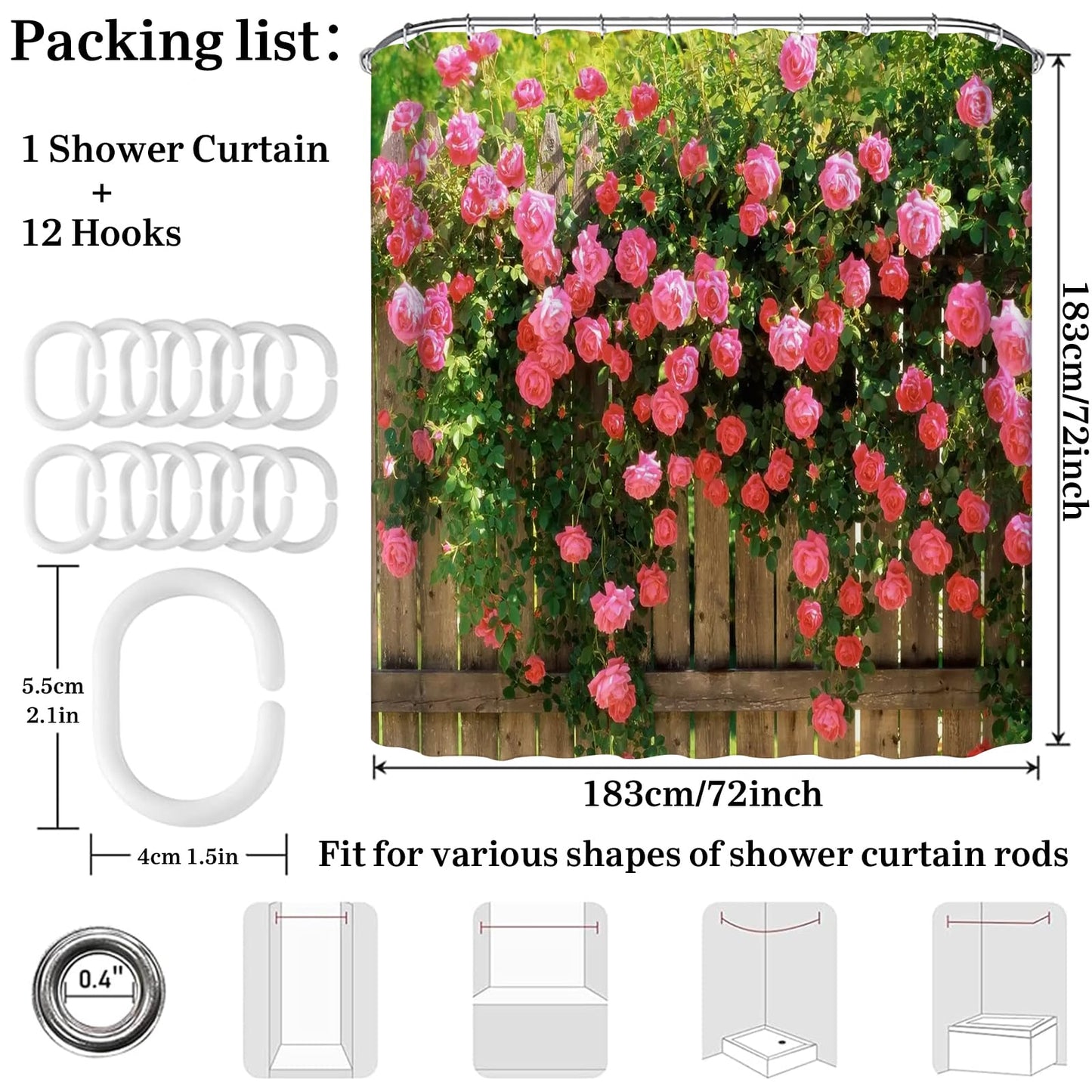 Simpomsy Outdoor Shower Curtain Garden Decor, Pink Rose Shower Curtain Green Plant Spring Garden Landscape Bathroom Curtain Waterproof Cloth Fabric
