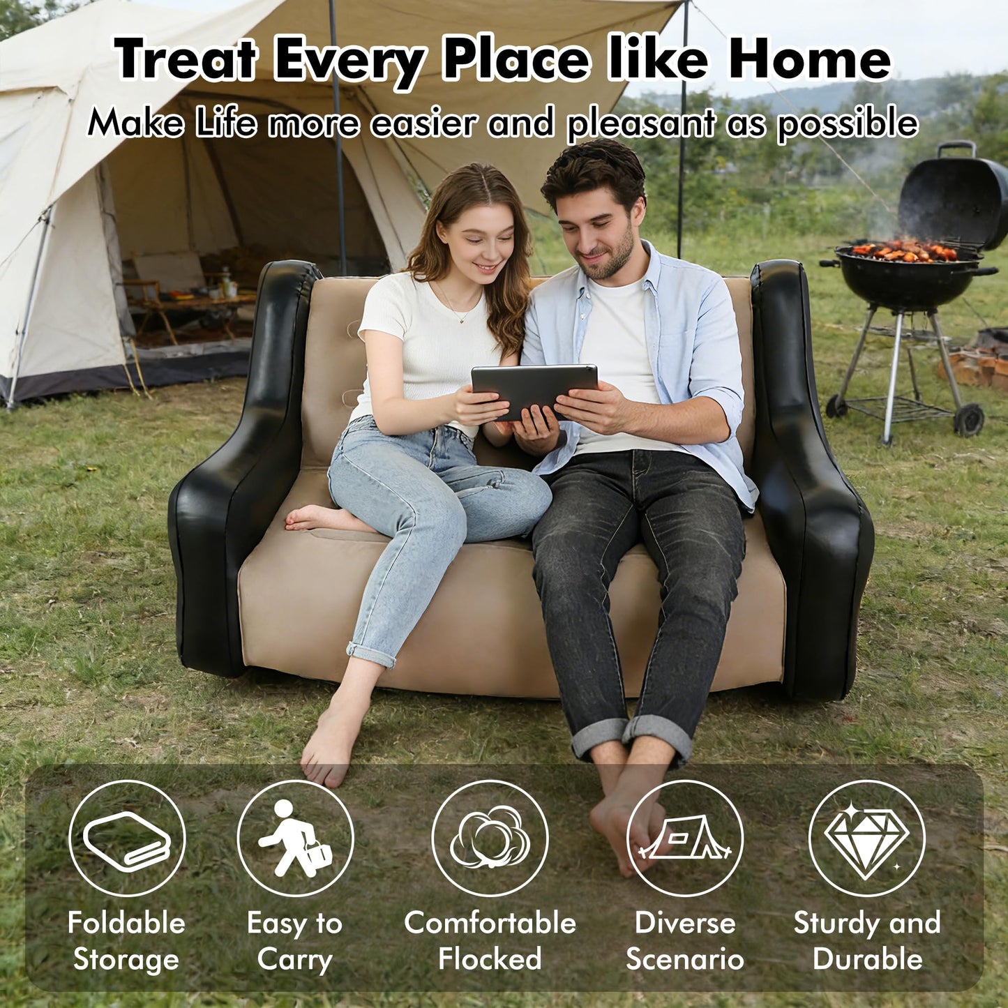 LONEEDY Inflatable Two-Tone Chair Sofa with Armrests Blow up Seat Game Room Lounger, Outdoor Camping Garden Couches Soft Plush Fabric for Adults Kids