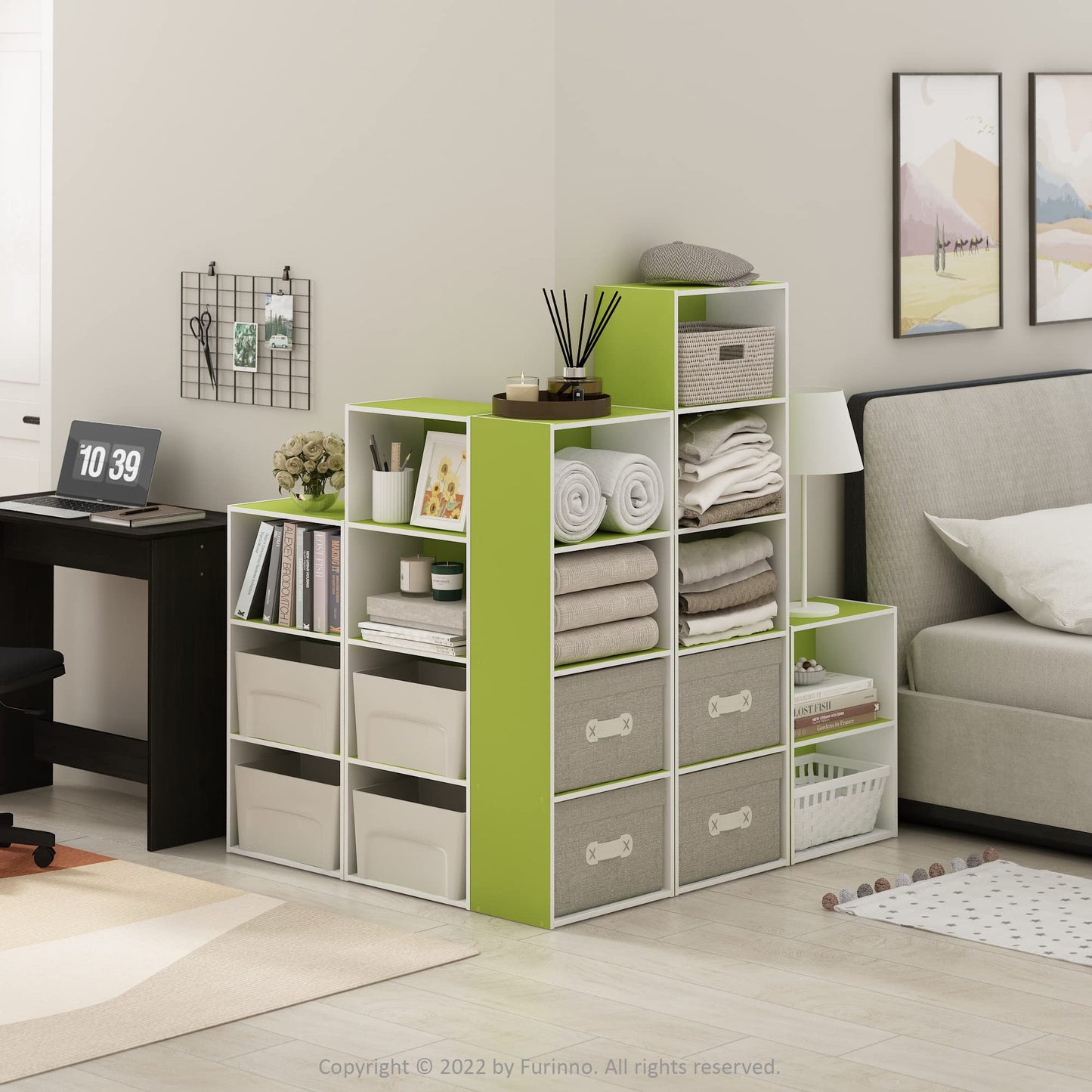 Furinno LUDER Book Shelf, 2-Tier Modern Bookshelf, Open Shelves Bookcase 9 x 16 x 21, for Living Room, Bedroom, Home Office, Green/White