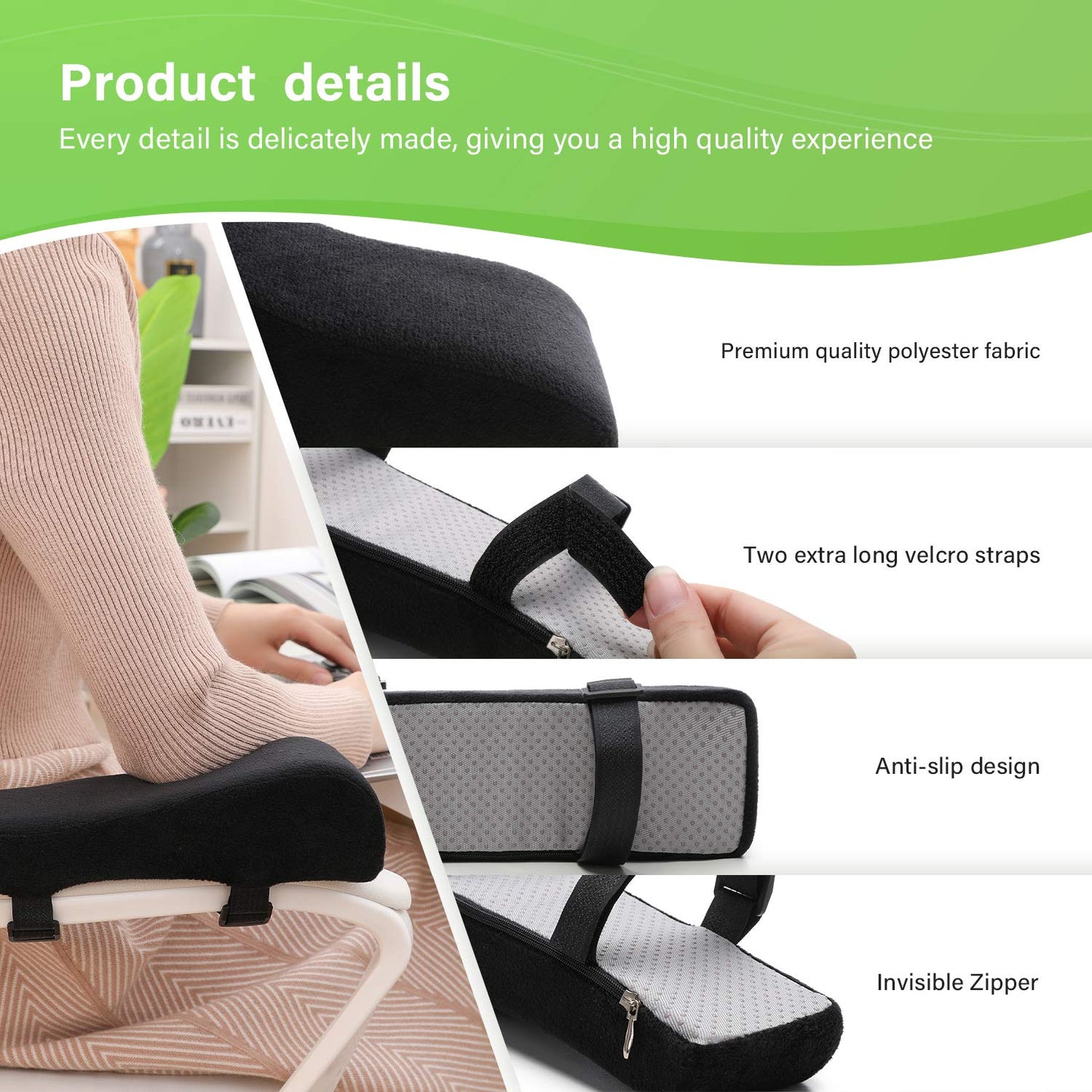 LargeLeaf Ergonomic Chair with Memory Foam Armrest Cushions - Elbow Pillow for Pressure Relief - Office and Gaming Chair 2-Piece Set