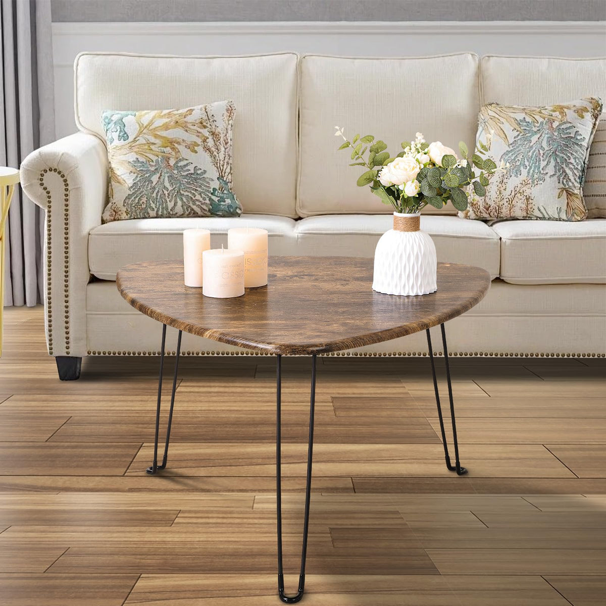 FEUFOAM Folding Coffee Table Triangle Designs Oval Coffee Tables Mid Century Wooden Triangular Accent Table with Metal Legs Foldable Industrial Sofa