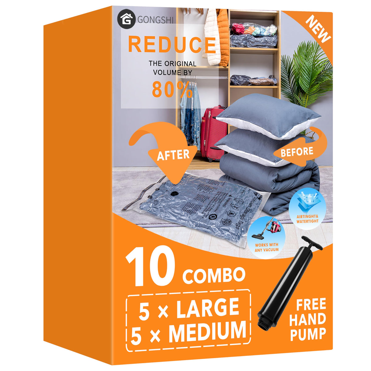 10 Pack Vacuum Storage Bags 5 x Large, 5 x Medium, Space Saver Sealer Compression Bags with Travel Hand Pump for Blankets, Comforters, Pillows