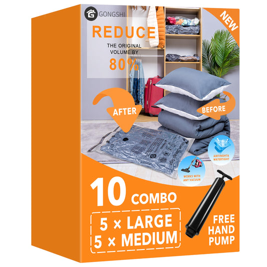 10 Pack Vacuum Storage Bags 5 x Large, 5 x Medium, Space Saver Sealer Compression Bags with Travel Hand Pump for Blankets, Comforters, Pillows