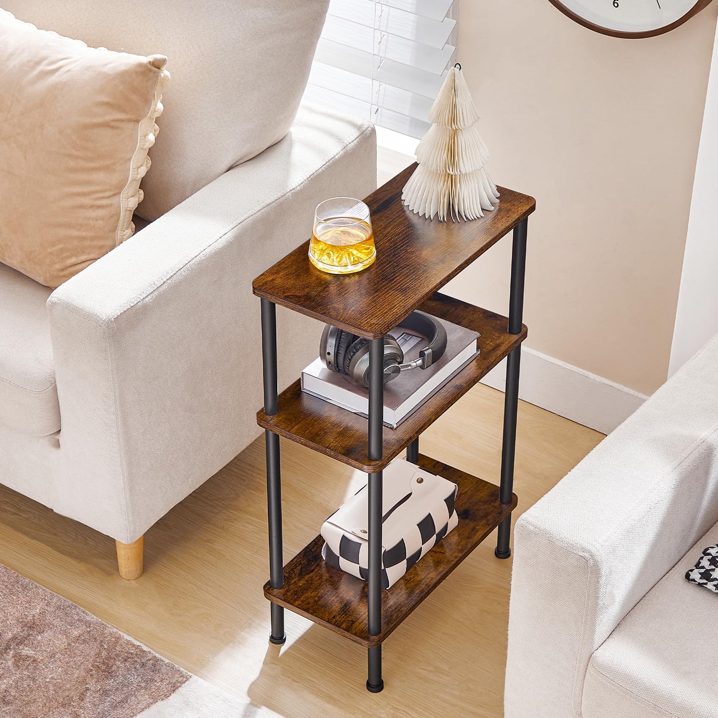 HOOBRO 3-Tier Slim Side Table, Narrow Sofa Table, Industrial Bedside Table for Small Space, Counter-Twist Assembly, No Tools Needed, for Living Room