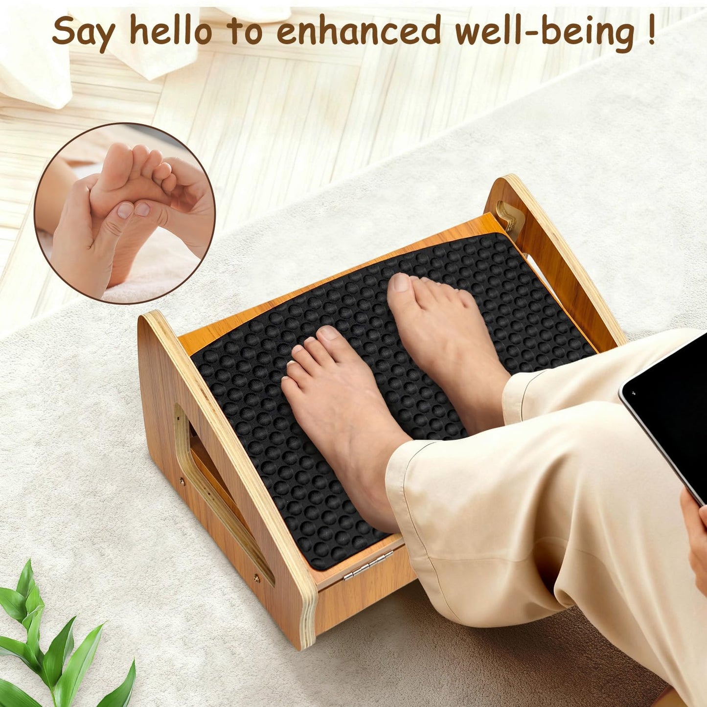 Umtiti Foot Rest with Pebble Massage Surface. Wooden Under Desk Adjustable Ergonomic Foot Stool