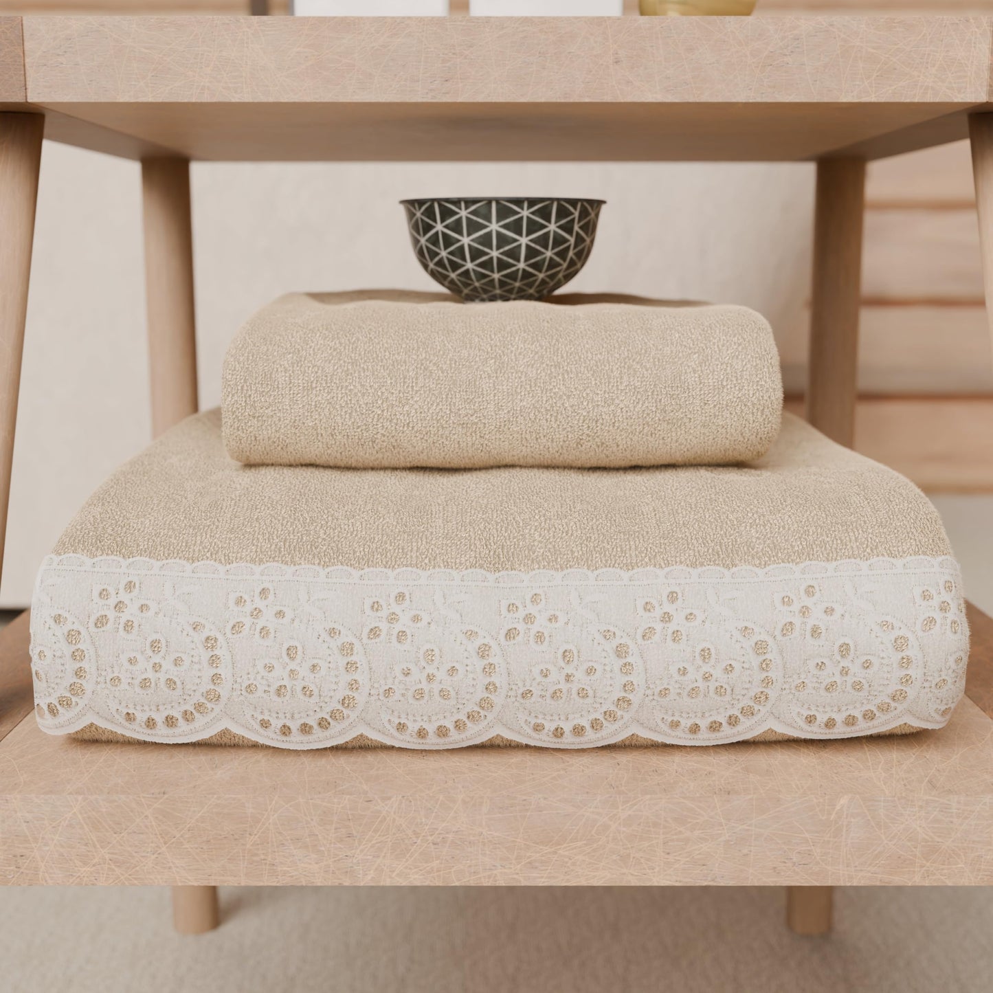 PETTI Artigiani Italiani - 100% Cotton Terry Bath Towels, 1+1 Towel Set, 2 Pieces, 1 Face Towel and 1 Hand Towel, Beige