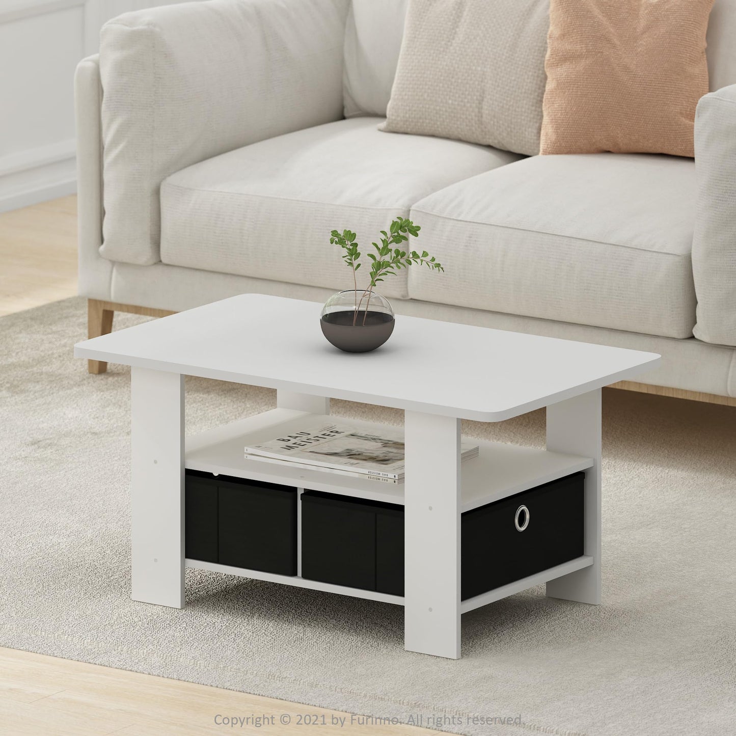 Furinno ANDREY Coffee Table, Small Modern Coffee Table with Storage and Bin Drawer, Side Table for Living Room, Bedroom, Home Office, White