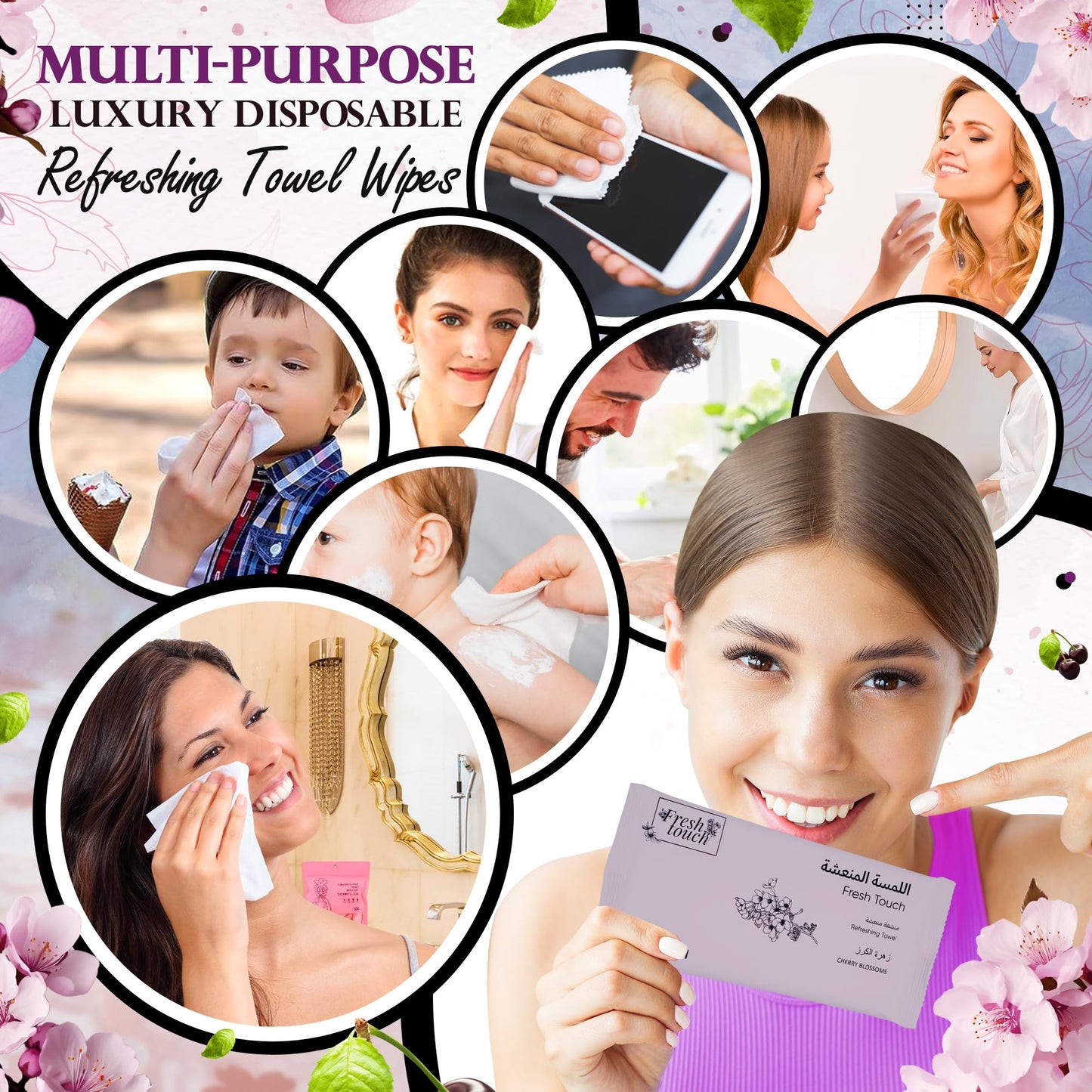 G4GADGET Luxury Disposable Refreshing Towel Wipes 6 Pack - Cherry Blossom Scent | 25cm x 25cm Towels for Hands & Face | Hot & Cold Use