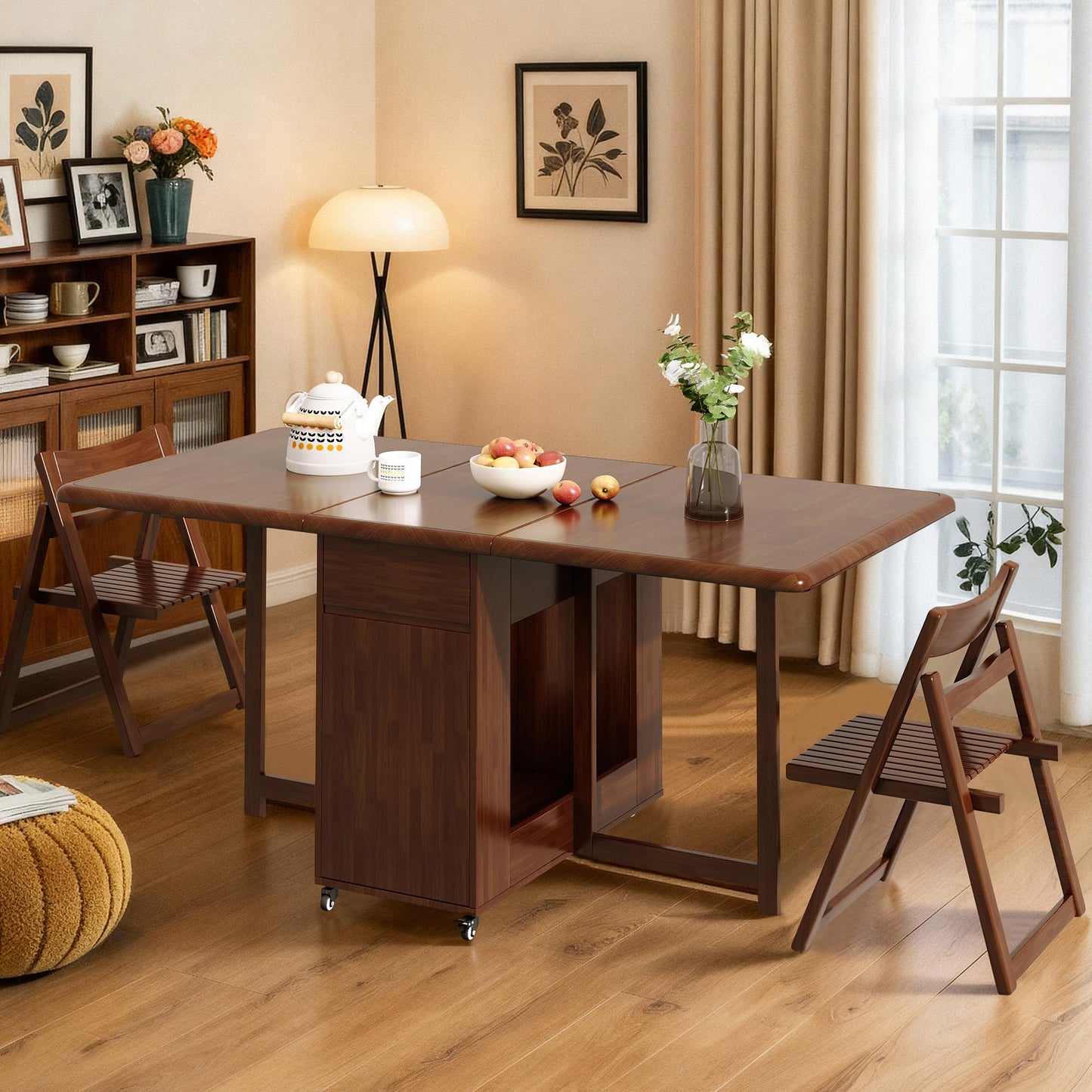 GildedGrove Walnut Foldable Dining Table Retro Design, Mobile on Casters with Storage Compartment, Space-Saving 1.3/1.5 Metre Long Table for Kitchen