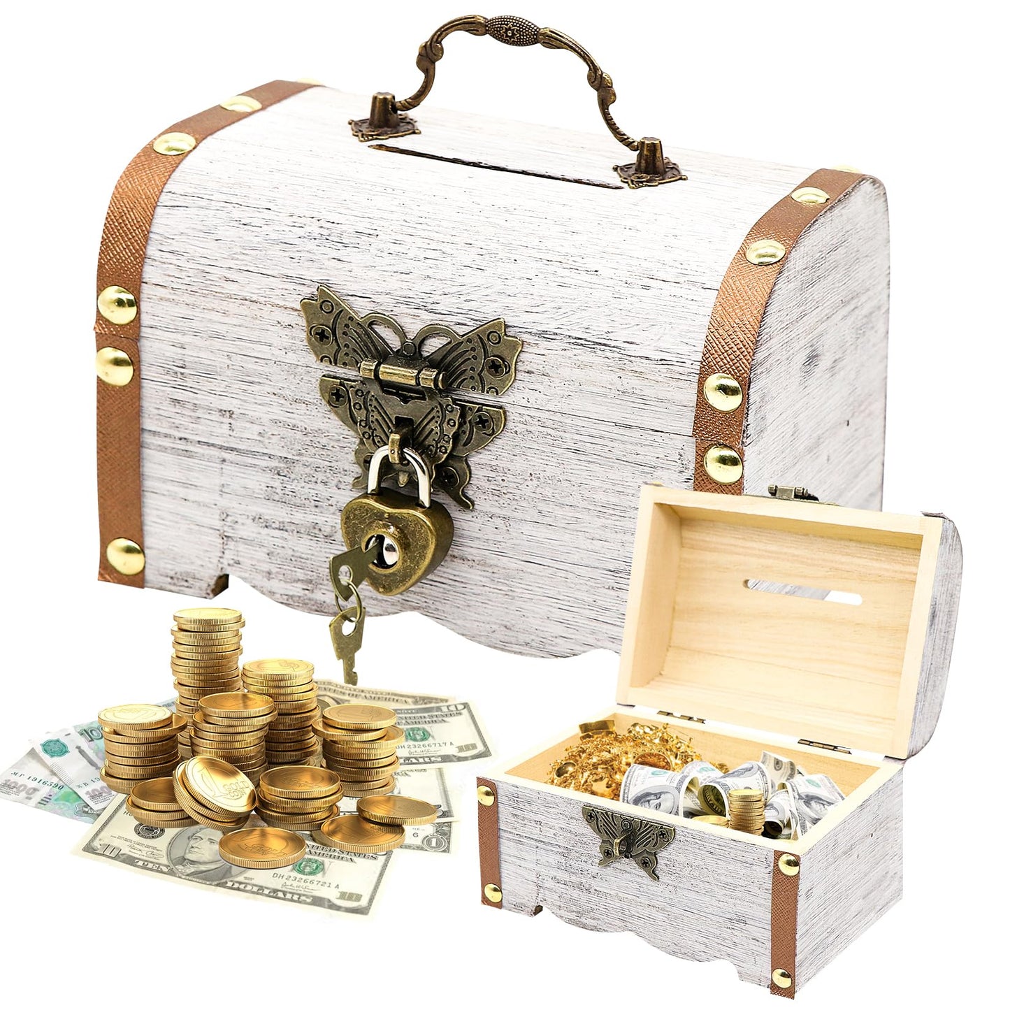 Forbabe Treasure Chest Wooden White Small Money Box with Lock 14.5 x 10.5 x 10.3 cm