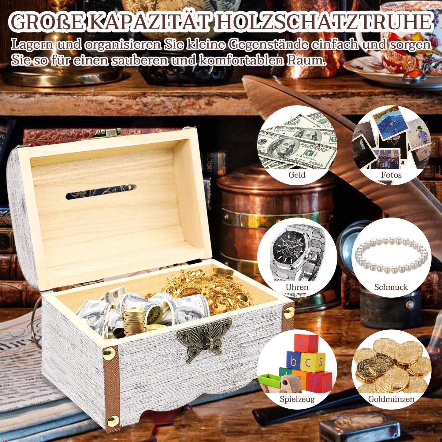 Forbabe Treasure Chest Wooden White Small Money Box with Lock 14.5 x 10.5 x 10.3 cm