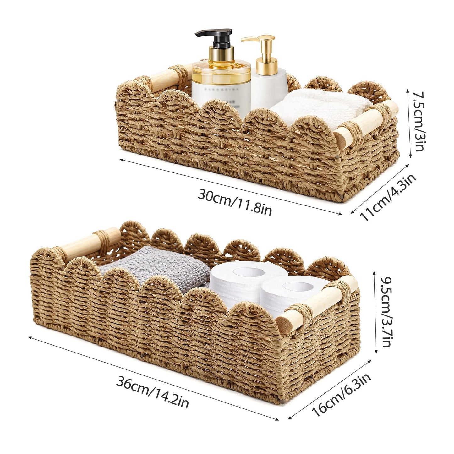 2 PCS Rattan Scalloped Basket, Wicker Storage Basket for Countertop Shelves with Wooden Handles