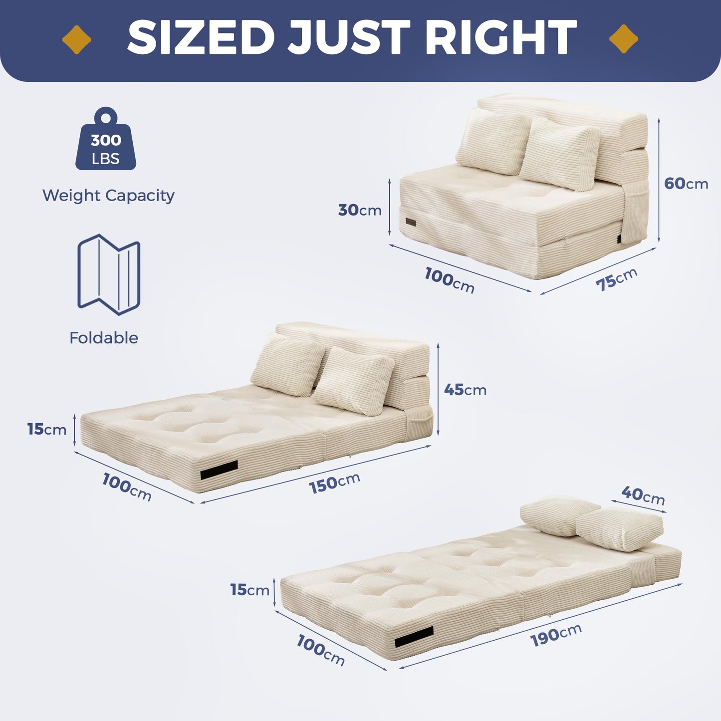 MAXYOYO Folding Foam Sofa Bed, Tri-Fold Mattress with 2 Pillows, Convertible Sofa Chair Futon Z Bed with 15cm Thincken Foam