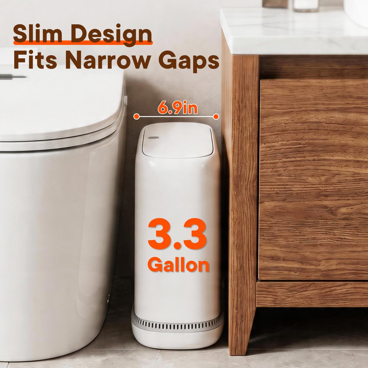 TidyTale Bathroom Trash Can with Lid, Slim Garbage Bin with Inner Bucket, Dog Proof Press Top Lid Small Narrow Wastebasket, Hidden Bag Design