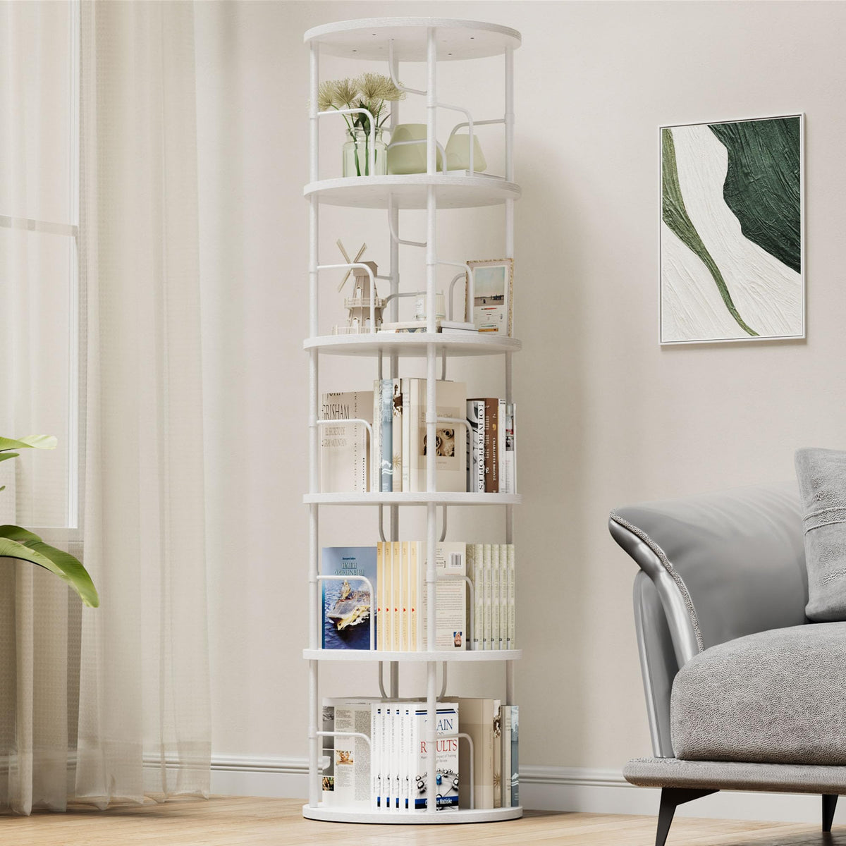 OCTORO 5 Tier Rotating Bookshelf, 360° Corner Bookshelf Tower, Round Revolving Bookcase with Adjustable Levels, Spinning Book Shelf for Home Office