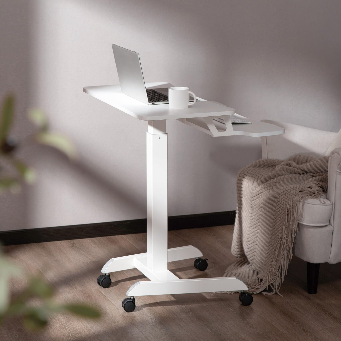 Properav Mobile Two Tier Sit-Stand Desk Workstation 800x400mm Gas Spring Height Adjust 800-1200mm using Pedal with Keyboard Tray for Windows & Mac