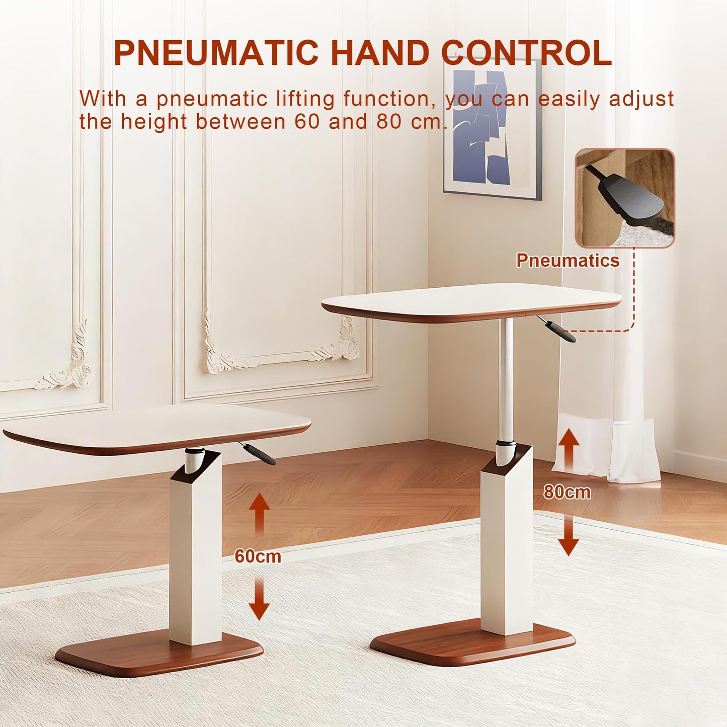 liameya Adjustable Height C Shaped Side Table with Pneumatic Lift, 360° Swivel & Hidden Wheels, Sofa End Tables that Slide under