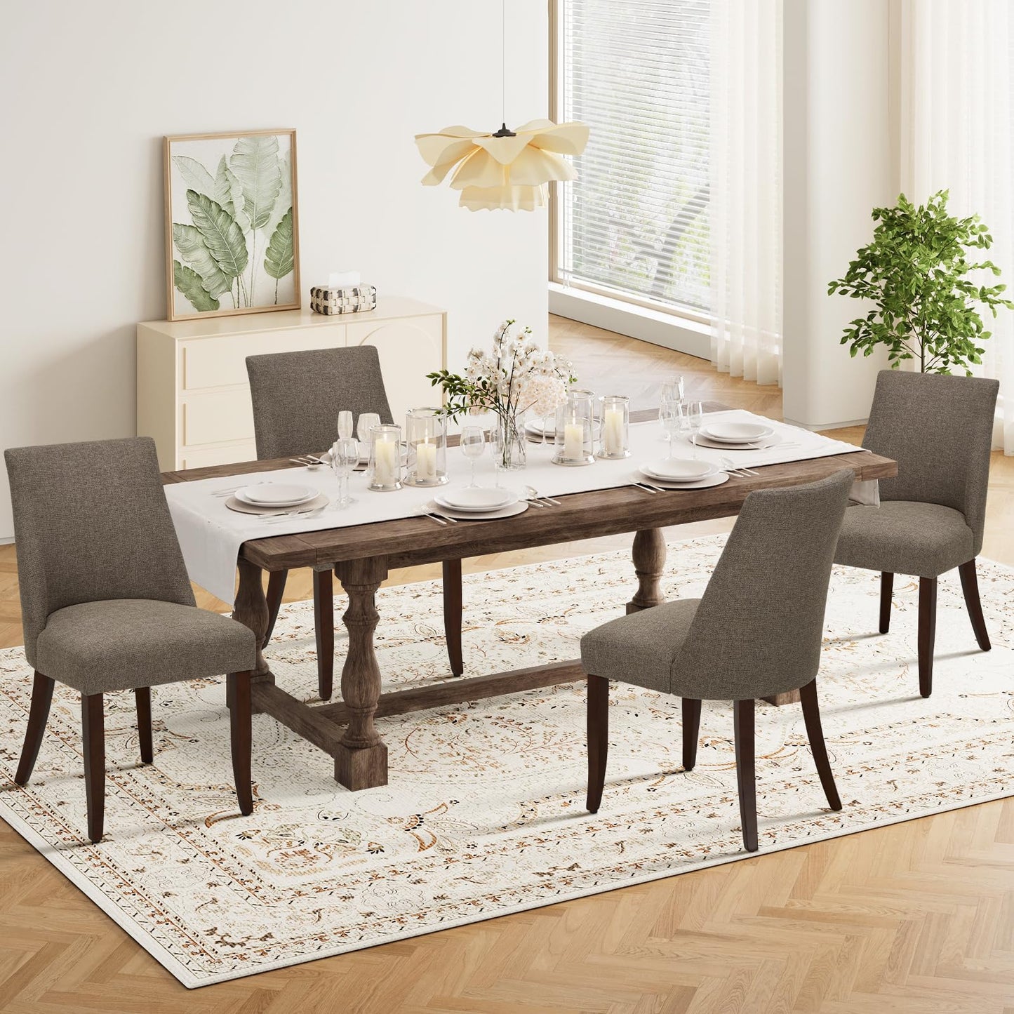 COLAMY Upholstered Dining Chairs Set of 4, Linen Fabric Parsons Dining Room Chairs with Curved Backrest, Solid Rubber Wood Legs