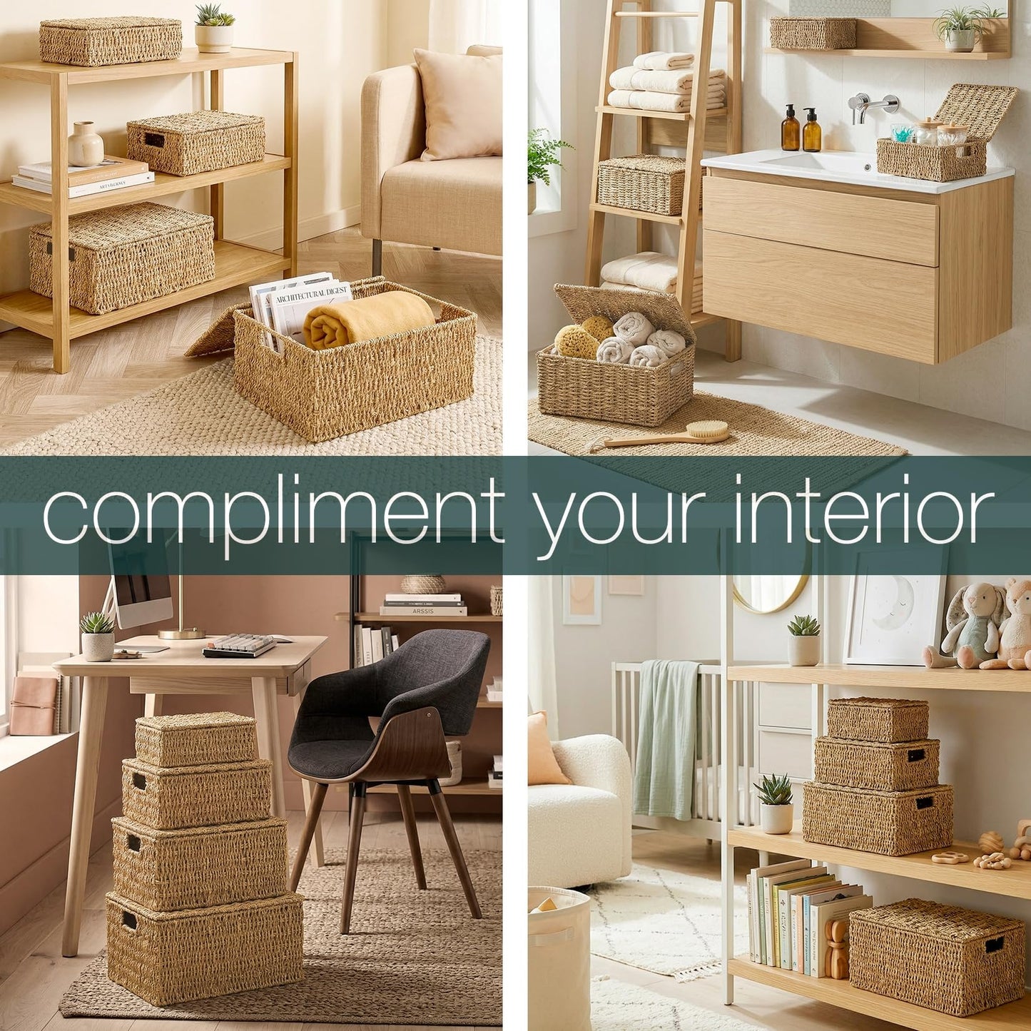 Woodluv Storage Boxes with Lids, Woven Natural Seagrass, Nesting Storage Baskets for Shelves, Gift Hamper Basket