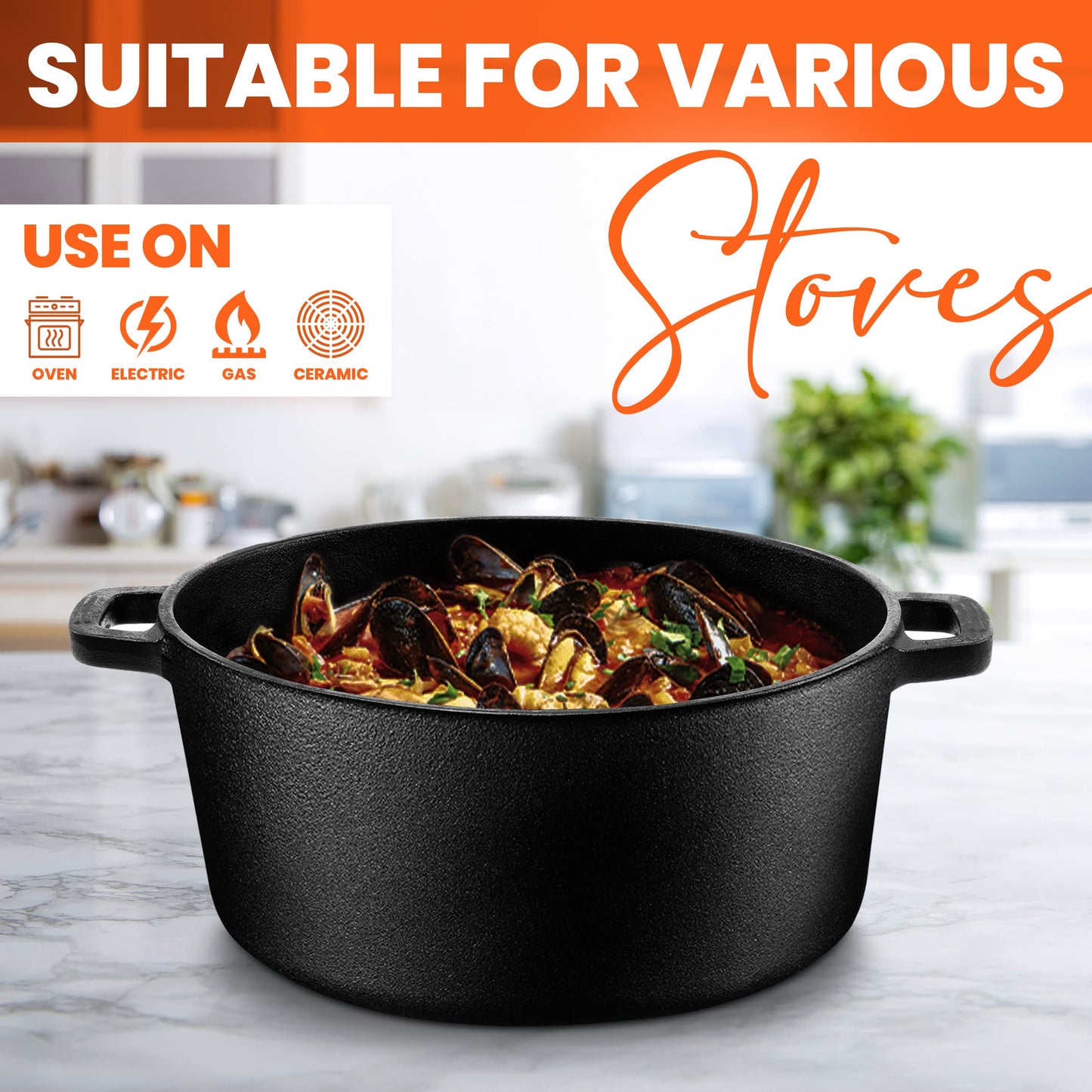 KICHLY 4.7L/5.0 Quart Pre Seasoned Cast Iron Pan, Dutch Oven with Lid, Dual Function Griddle Pan, 10.6 Inch (27 cm), Casted Pot with lid, Casserole