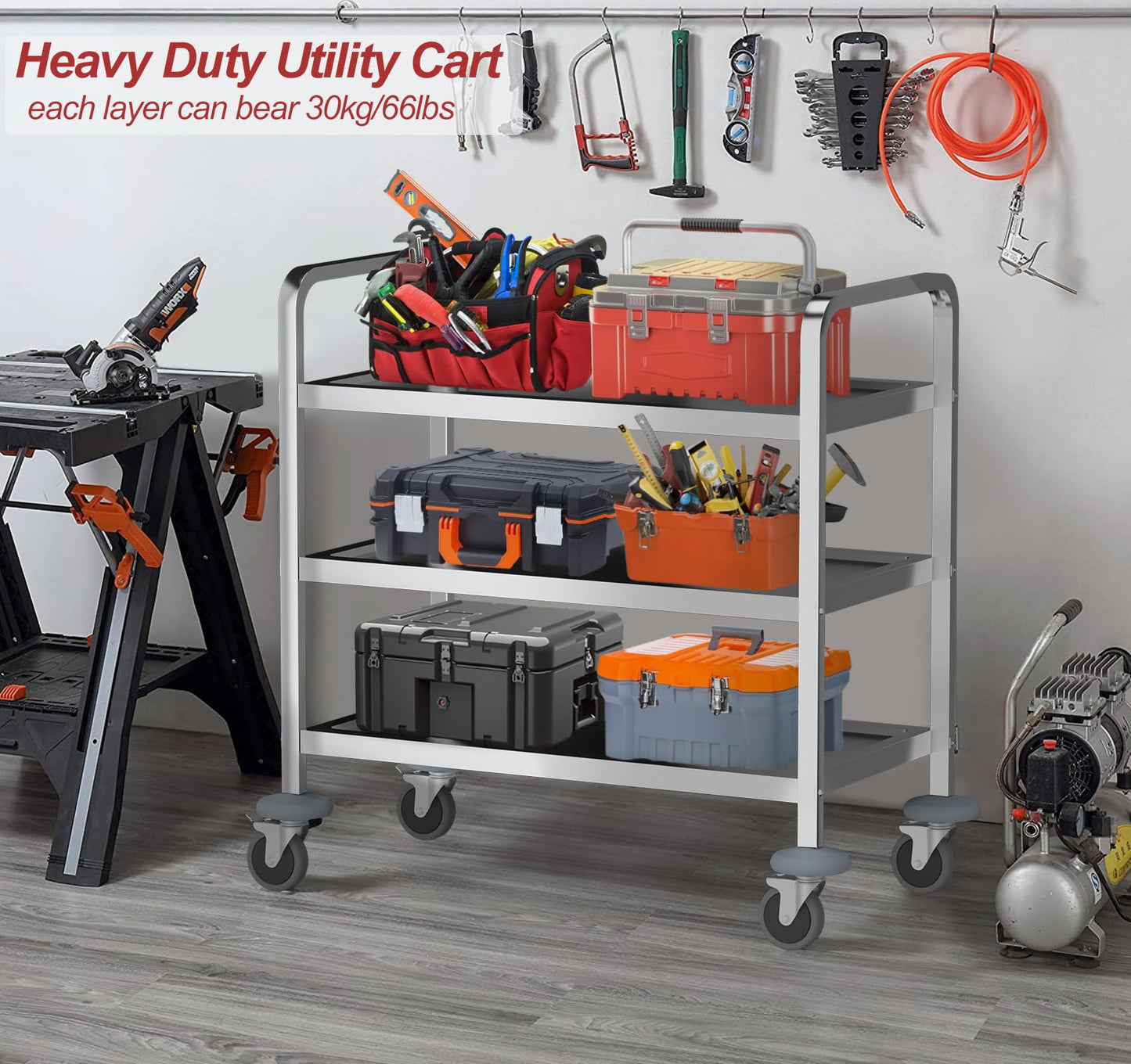 ybaymy 3 Tier Stainless Steel Trolley 750x400x835mm Kitchen Utility Cart Catering Storage Trolley with Locking Wheels for Kitchen,Hotels,Restaurants