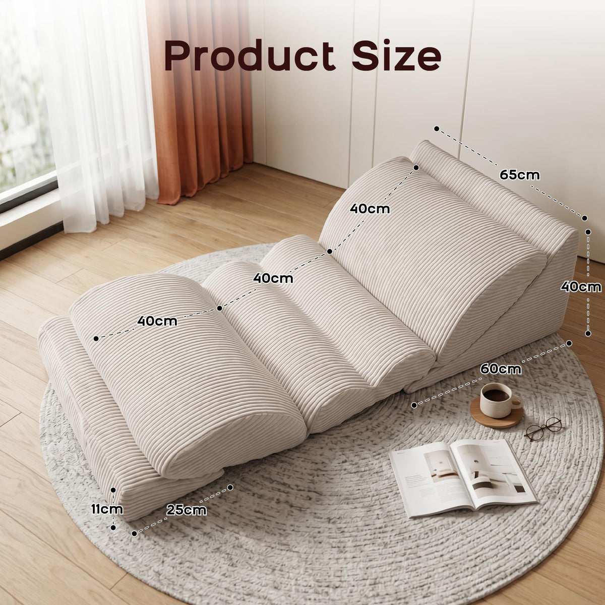 DAWNYIELD 3-in-1 Floor Sofa, High‑Density Foam Bean Bag Chair, Off-white