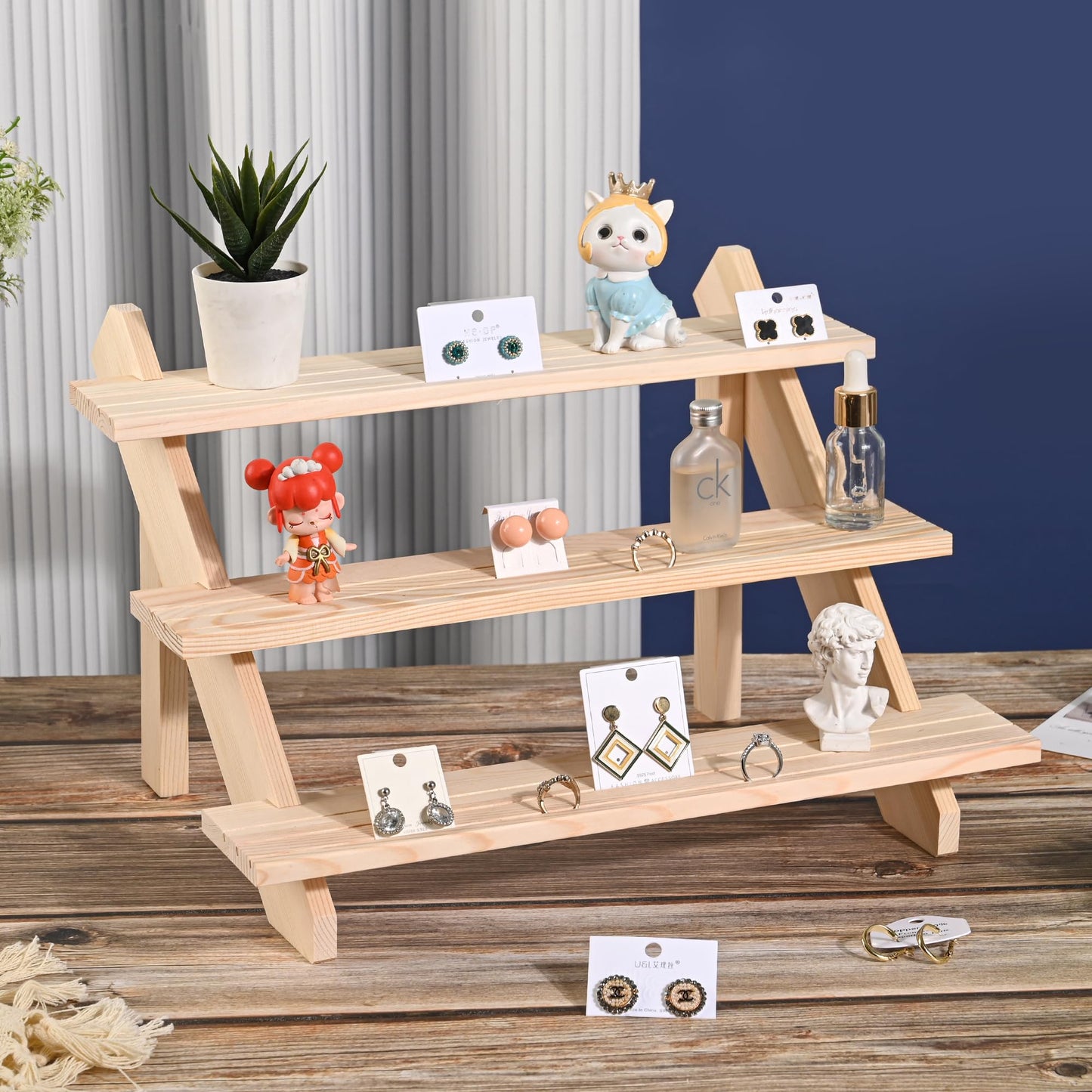 LEXFUNN Wooden Jewellery Display Rack Stand Earring Stall Stand Organizer Shelf 3/4 Tier (3 Tier)
