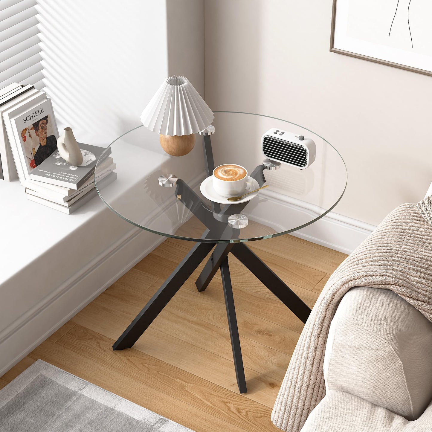 GOLDFAN Glass Side Table High Gloss Round End Table with Tempered Glass Top and Metal Tubular Legs