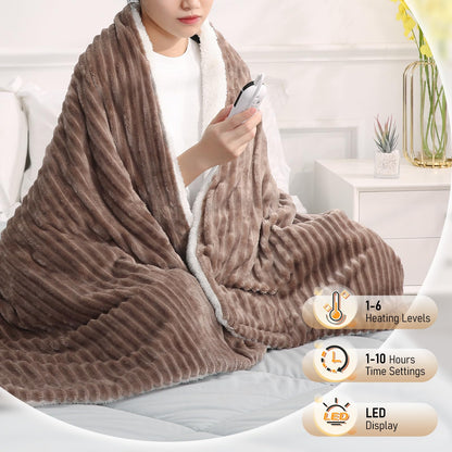 CURECURE Electric Heated Blanket Throw, Soft Ribbed Flannel and Sherpa Heated Blanket, 180 X 130cm, 6 Heat Settings & 1-10 Hours Automatic Timer, Home