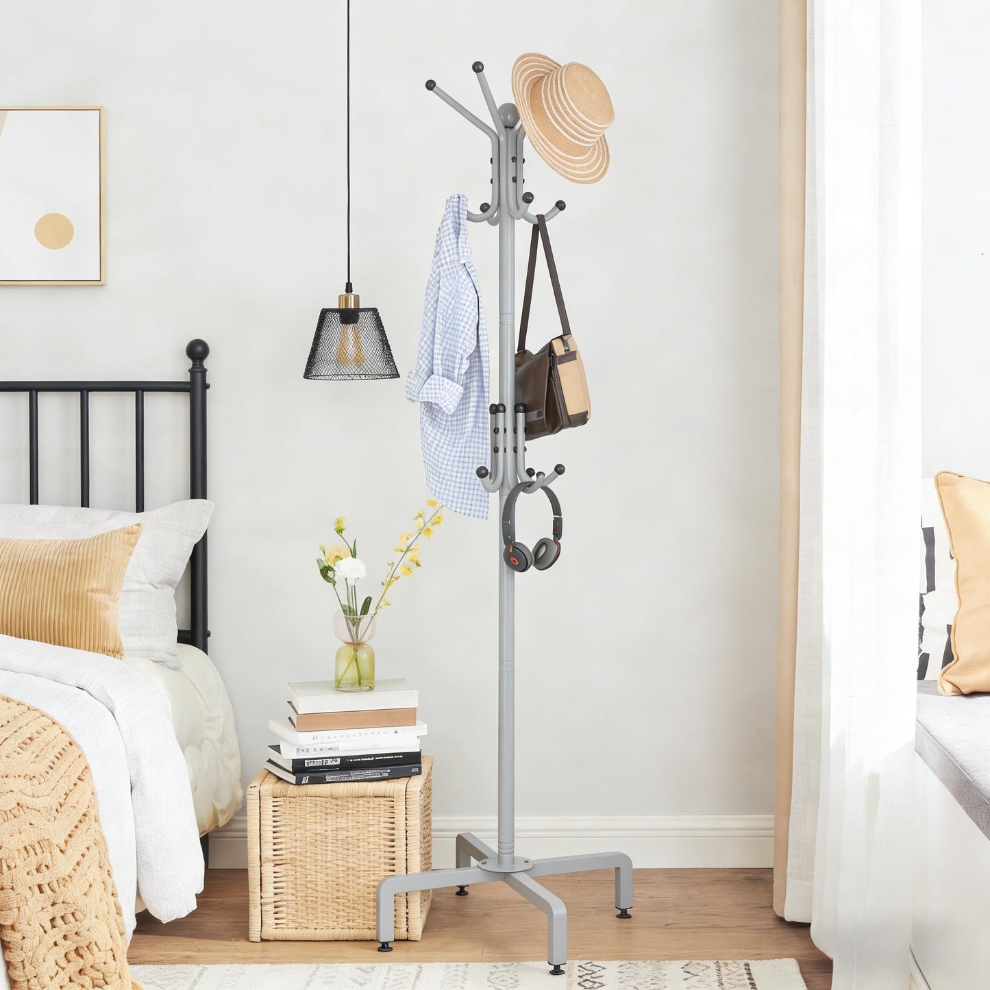 dongliangqinying Metal Freestanding Coat Rack, 3-Tier Coat Stand with 12 Hooks, Non-Slip Black Hat and Handbag Stand for Hallway