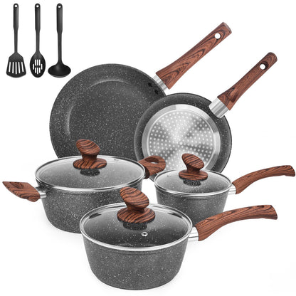 M MELENTA Non Stick Pots and Pans Set, 11 Piece Die-Cast Induction Hob Pan Set, Granite Cookware Set with Frying Pans, Saucepan Set, PFOA Free, Dark