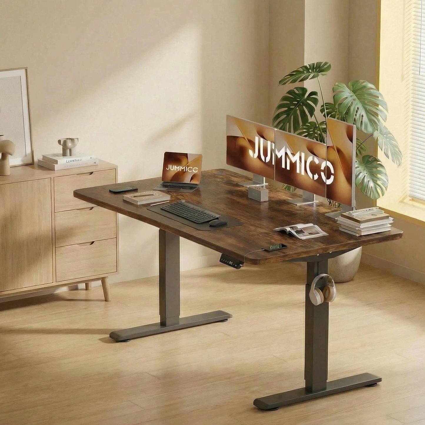 JUMMICO 160 x 80 cm Electric Standing Desk with USB Charging, Sedentary Reminder Height Adjustable Standing Desk, Sit Stand Desk