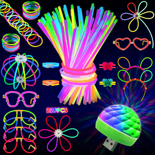 New Years Eve Decorations 2026,MOSSDNAR 229pcs Glow Sticks Party Pack with USB Mini Disco Light Neon Accessories,Party Bag Fillers for Adult