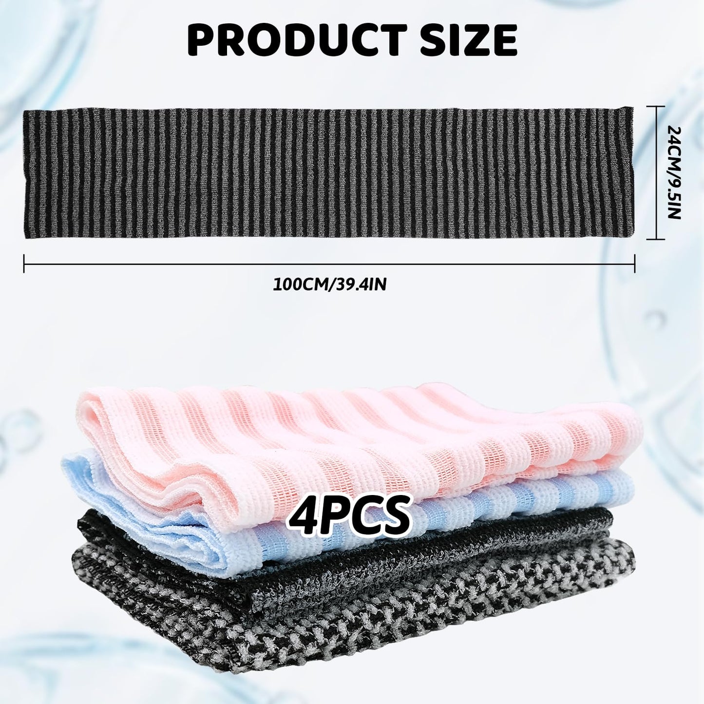 Japanese Exfoliating Shower Towel 4-Pack - Strong Exfoliation Back Scrubber for Dead Skin, Antibacterial Nylon Mesh Washcloth