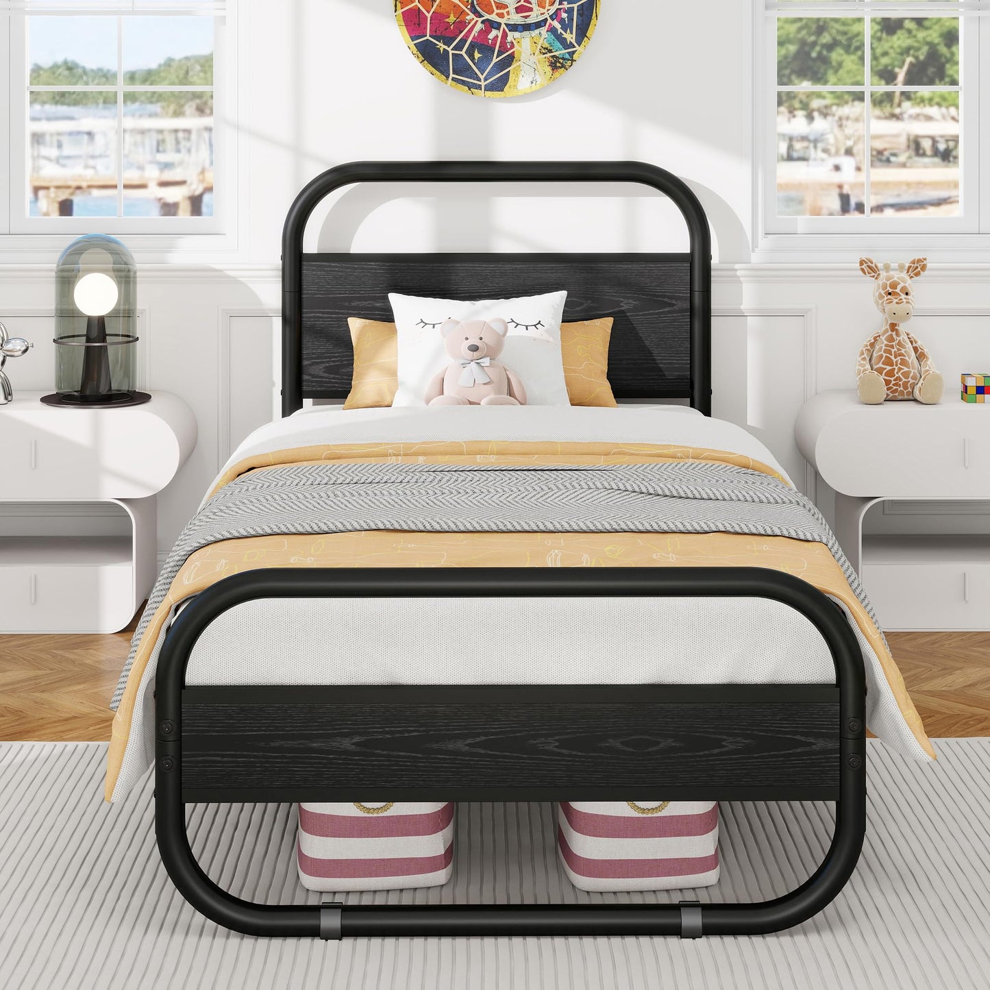 Diahomy 3ft Single Bed Frame with Wood Headboard and Footboard, Black