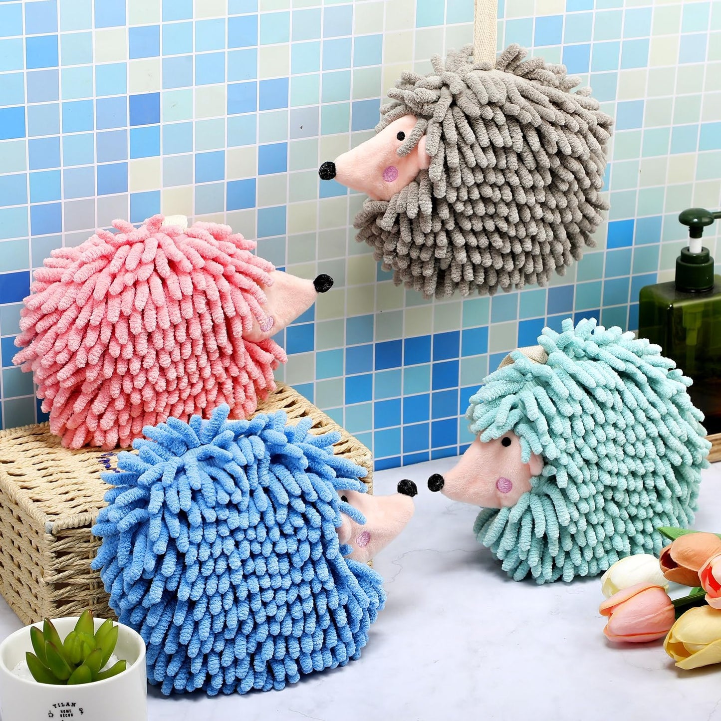HULKAY 4 Pcs Chenille Hand Towels Hedgehog Decorative Towels Fuzzy Ball Hand Towels Creative Hand Towel Absorbent Small Hanging for Drying Hand Bath