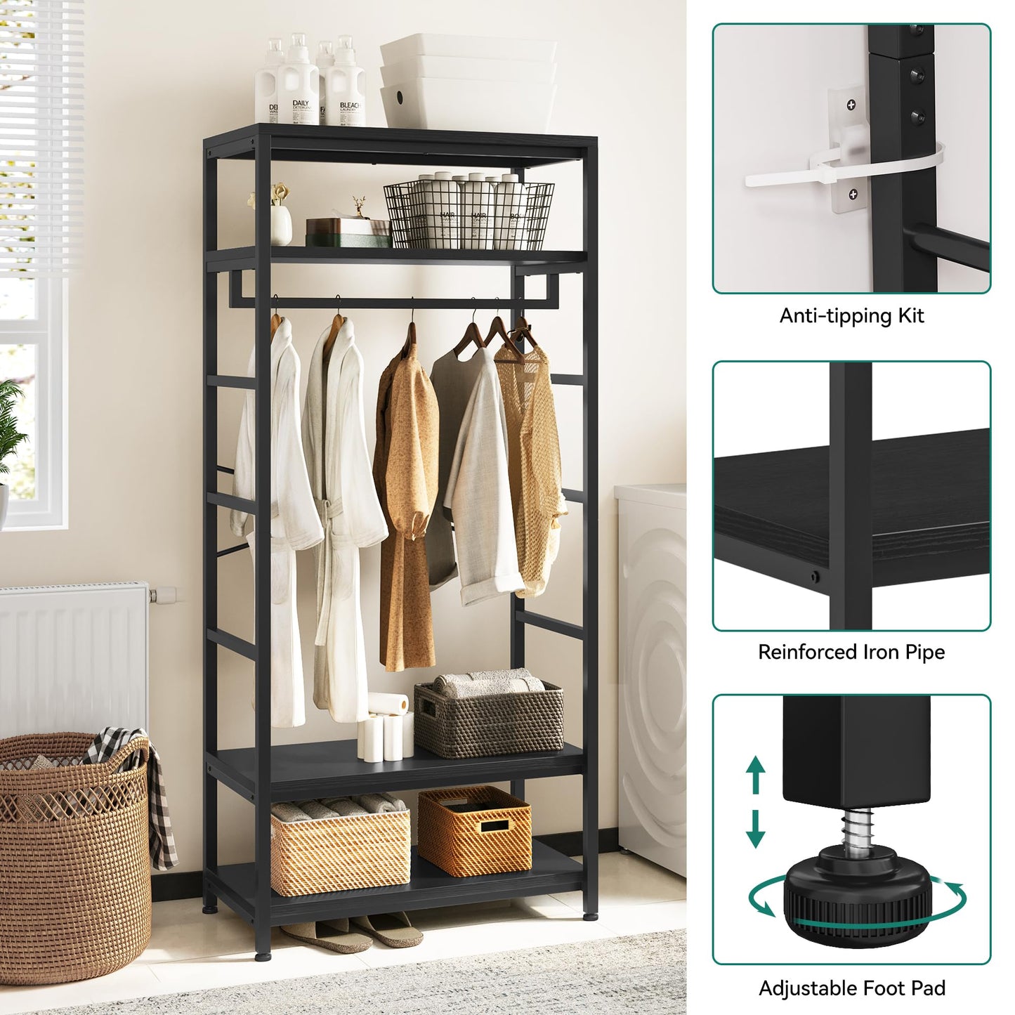 YITAHOME Clothes Rail Coat Rack Stand Shoe Storage 4 Shelves Black