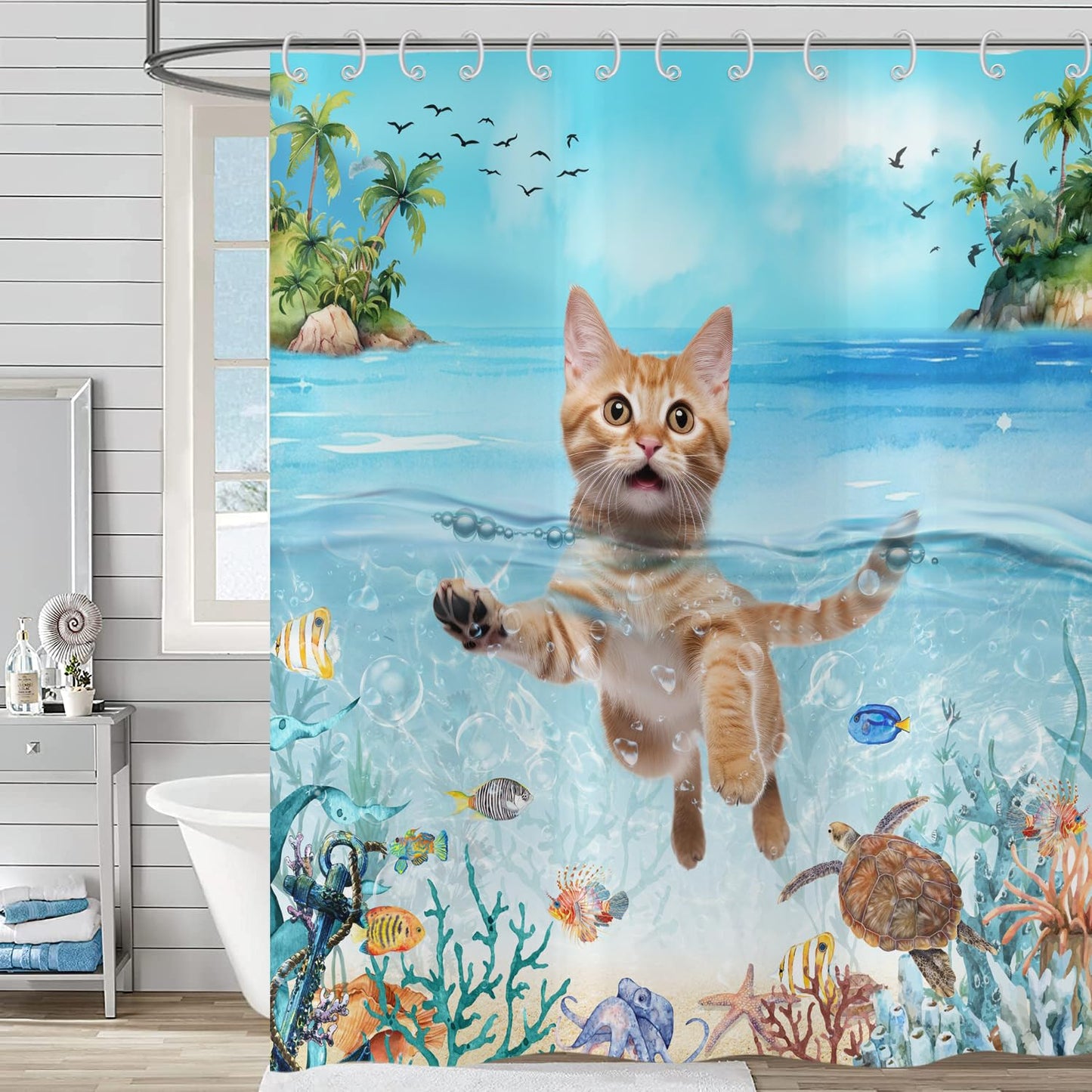 Hnmdmyi Funny Cat Shower Curtain 180x200, Cute Kitten Swimming in Blue Ocean Sea Turtle Tropical Fish Starfish Coral Kids Bathroom Shower Curtains