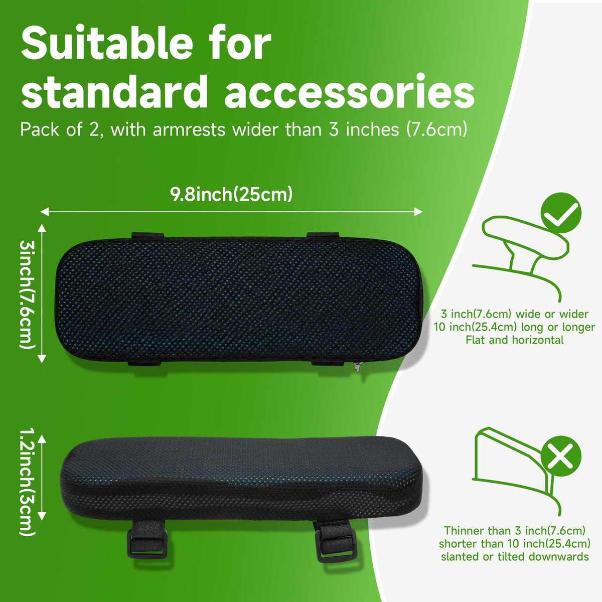 LargeLeaf Gaming Chair Armrest Memory Foam Cushions - Elbow Pillow Pressure Relief with Cooling Gel 2-Piece Set
