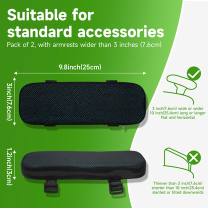 LargeLeaf Gaming Chair Armrest Memory Foam Cushions - Elbow Pillow Pressure Relief with Cooling Gel 2-Piece Set
