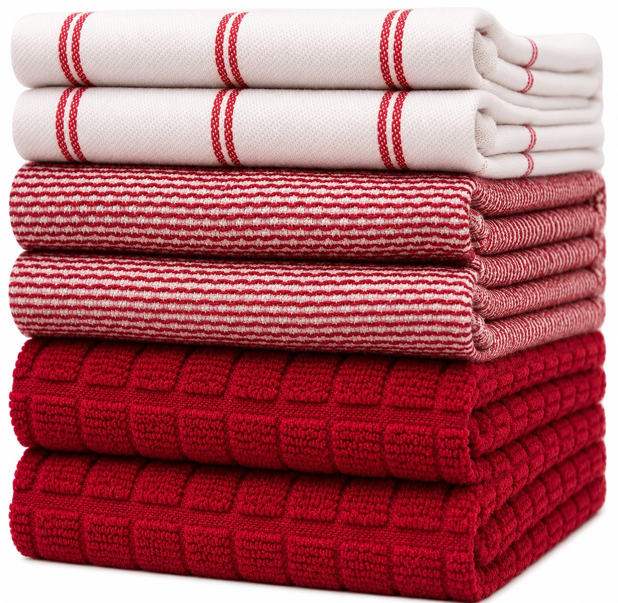 6 Pack Large Tea Towel Set | Absorbent Kitchen Hand Towels | Soft Cotton Dish Towels | Flat & Terry Towel with Hanging Loop | Vibrant Dyed - Red