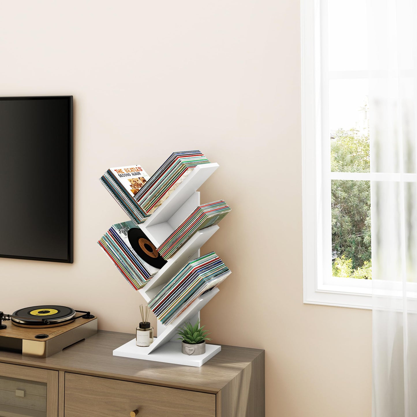 Hoctieon 4 Tier Tree Bookshelf, 4 Shelf Bookcase, Free Standing Tree Bookcase, Display Floor Standing Shelf for Books
