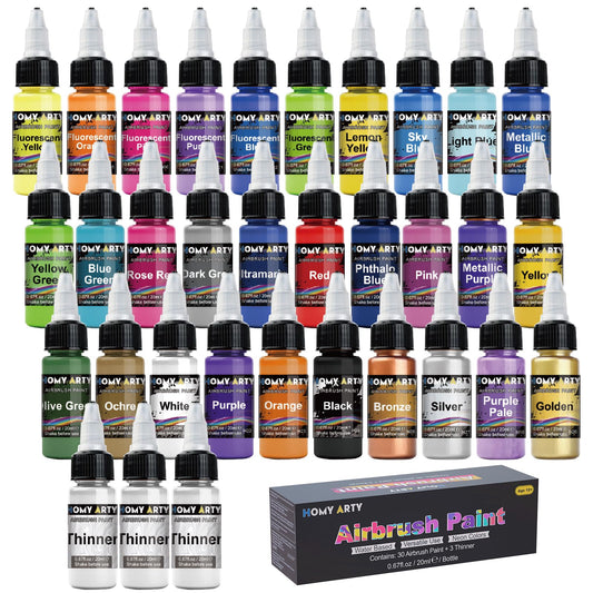 HOMY ARTY Airbrush Paint - 30 Colors with 3 Thinner, Water-Based Airbrush Paint Set, Ready to Spray Acrylic Air Brush Paints for Metal, Plastic