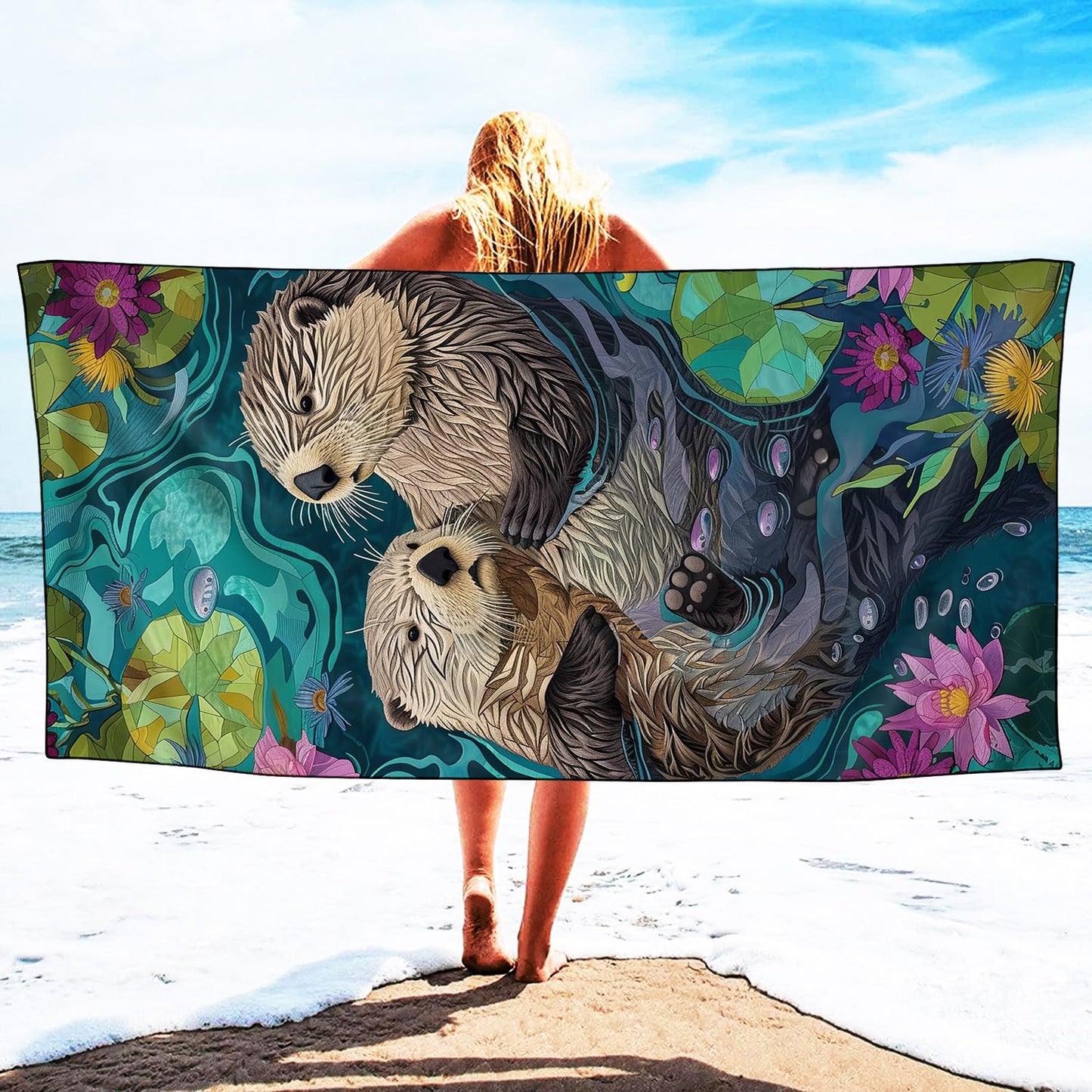 YISUMEI Lovely Otters Beach Towels for Adults Extra Large 180 x 90 cm, Microfibre Quick Dry Towel for Travel Swimming Camping Sports
