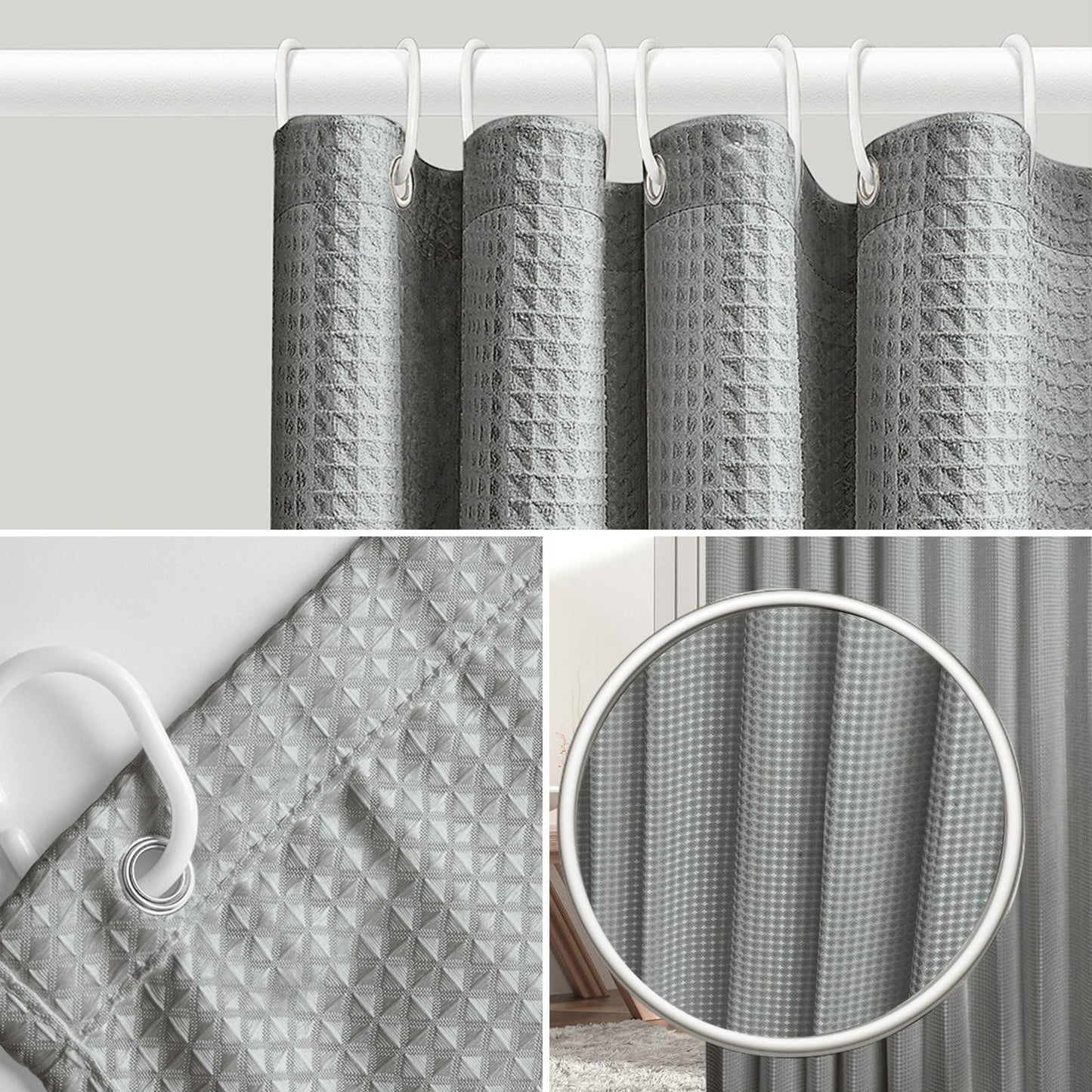 Stfery Waffle Shower Curtain, Grey Shower Curtain, 100 x 180 cm, Fabric Washable Shower Curtain, Washable, Anti-Mould