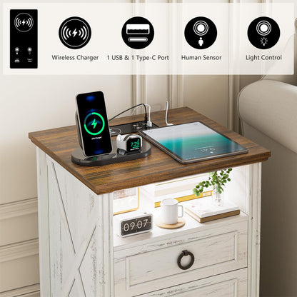 FREDEES LED Bedside Table with Charging Station, White